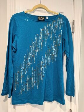 NWT Bob Mackie Wearable Art Size S Turquoise Embellished Long Sleeve Knit Top